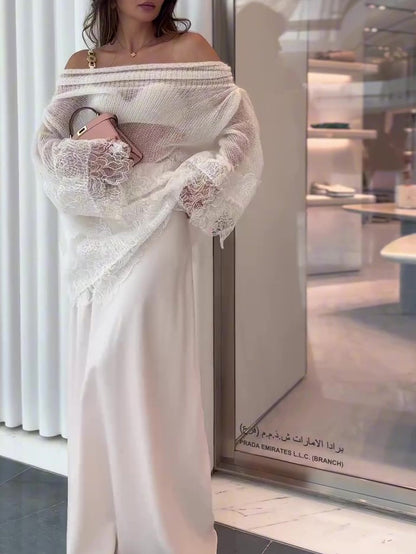 White Lace Off-Shoulder Oversized Top