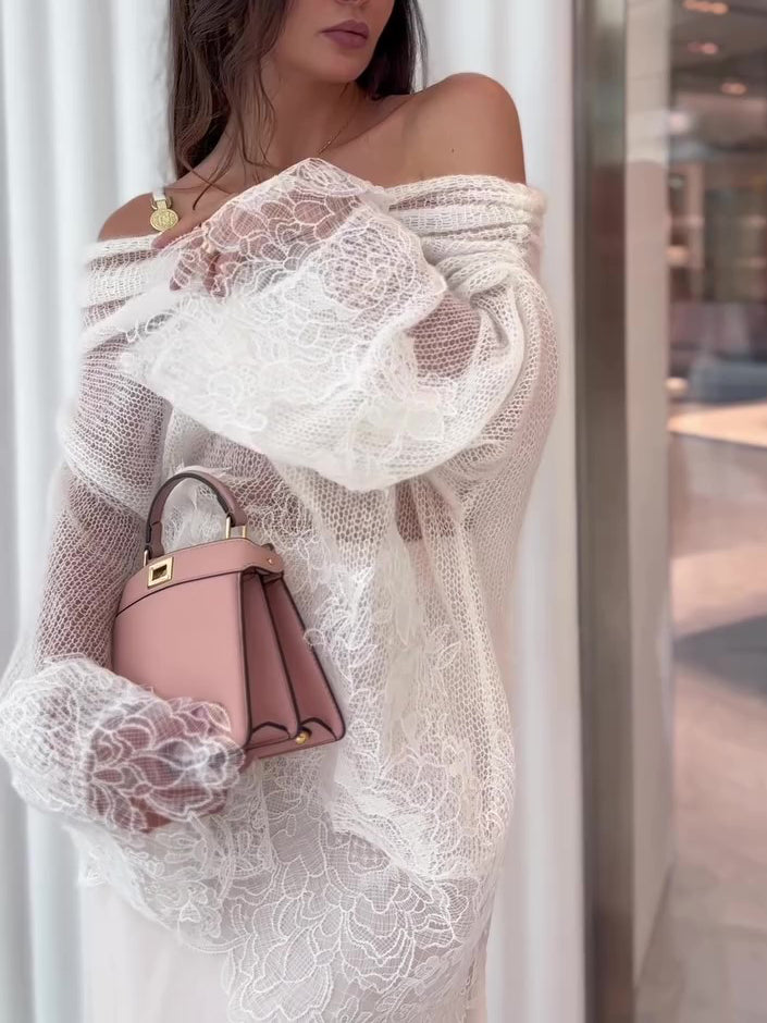 White Lace Off-Shoulder Oversized Top