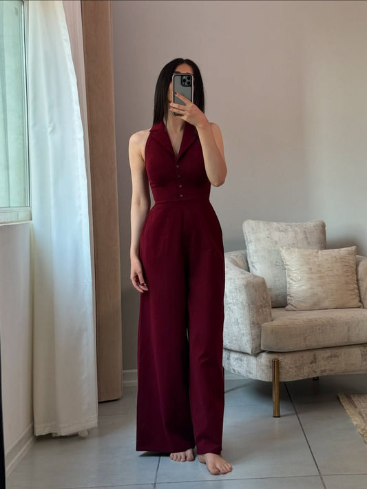 Burgundy Backless Lace-up Sleeveless Jumpsuit