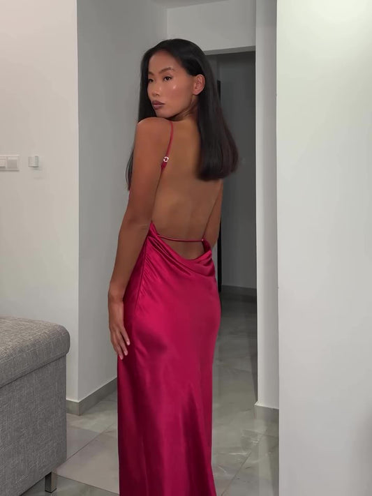 Burgundy Backless Satin Sleeveless Dress
