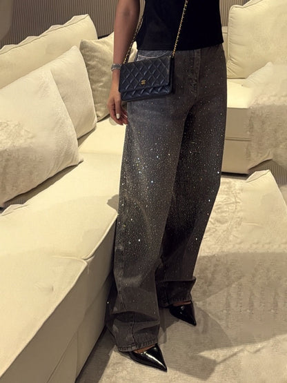 High - Waisted Wide - Leg Jeans With Sparkling Rhinestone Detailing