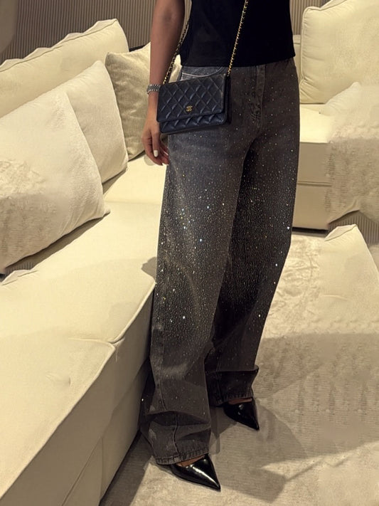 High - Waisted Wide - Leg Jeans With Sparkling Rhinestone Detailing