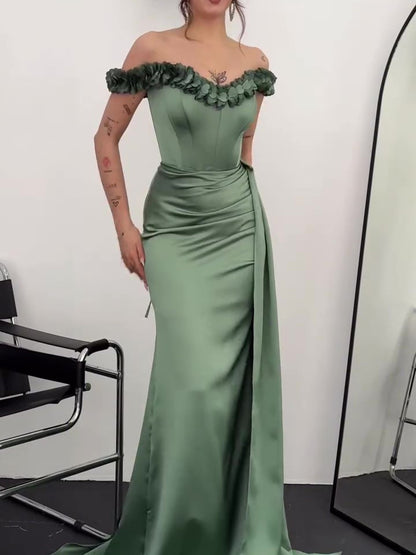 Green Off-shoulder Pleated Maxi Evening Dress