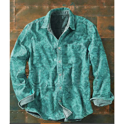 Mens Color-Block Printed Long-Sleeve Button-Up Top