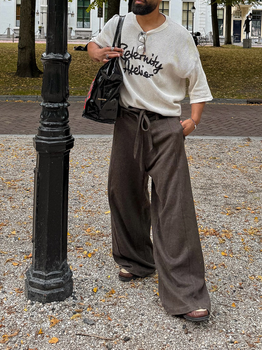 Brown Elastic Waist Drawstring Casual Pants