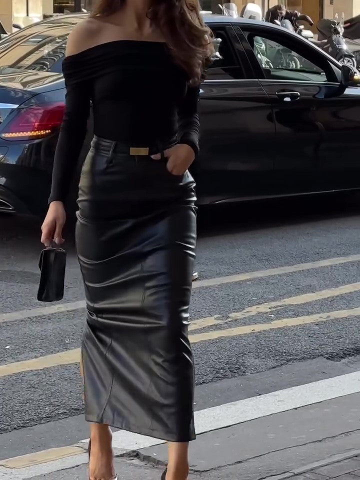 Classic High Waist Leather Skirt