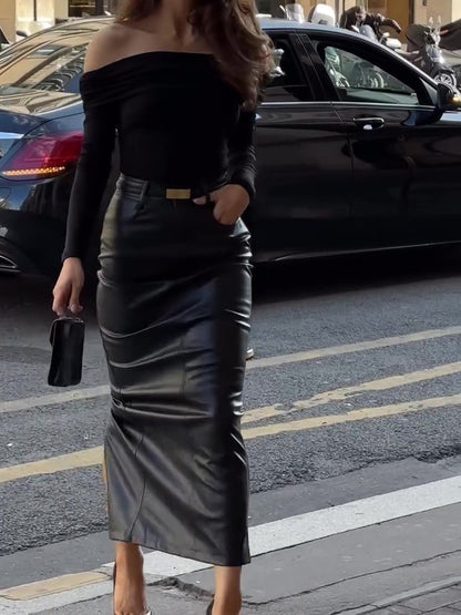 Classic High Waist Leather Skirt