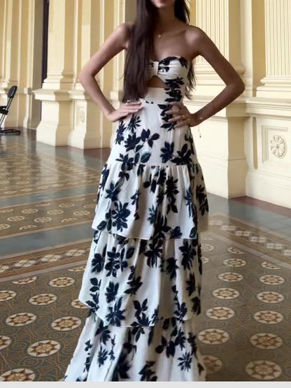 Strapless Printed Ruffle Maxi Dress