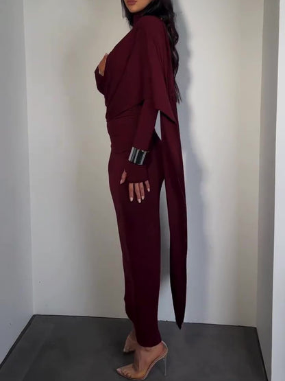 Brown Turtleneck Long-sleeved Slim Dress