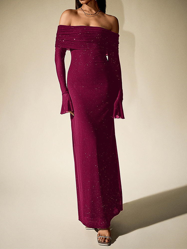 Black Off-Shoulder Maxi Dress With Glitter Detail And Mesh Sleeves