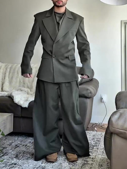 Olive Green Oversized Three-Piece Suit With Blazer, Waistcoat And Wide-Leg Pants