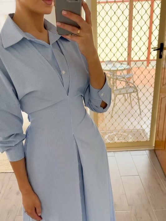Blue Striped Single-breasted Shirt Dress