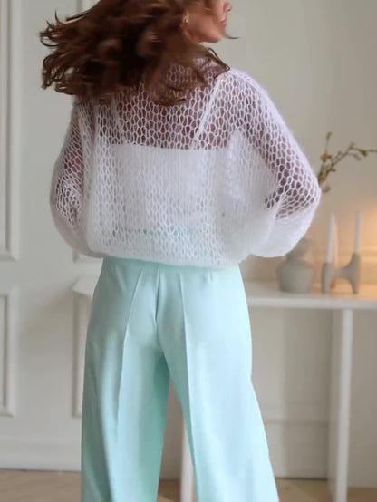 Casual Solid Color Hollow Knit Cardigan