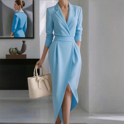 Women's Solid Color Lapel Midi Dress, Bodycon Asymmetrical Hem Dress With Pockets For Formal Occasions