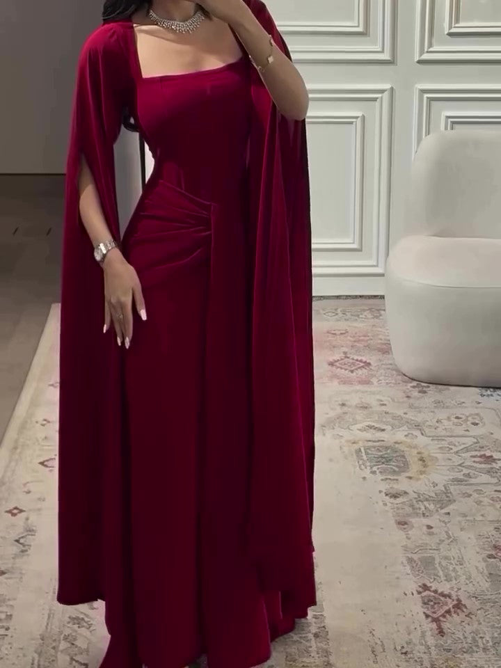 Elegant Burgundy Square - Neck Cape  Maxi Dress