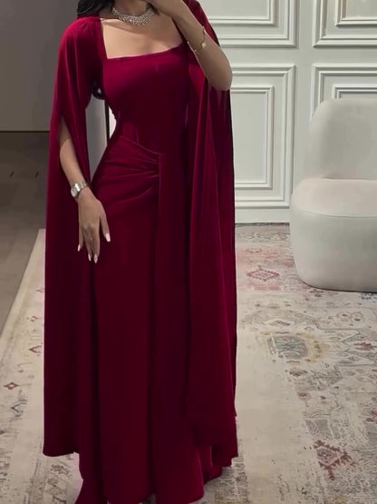 Elegant Burgundy Square - Neck Cape  Maxi Dress