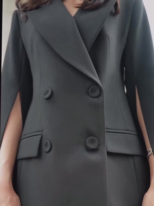 Black Cape Blazer Suit With Cropped Pants Set