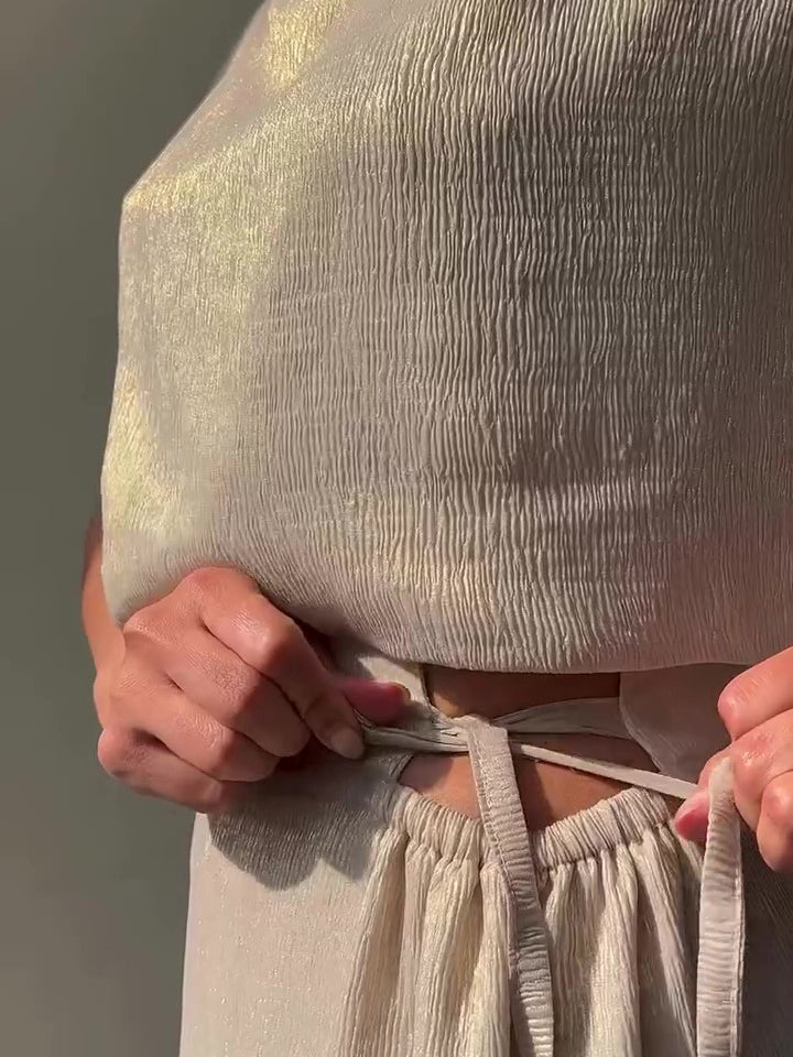 Glossy Sleeveless Top & Strappy Wide-leg Pants Set