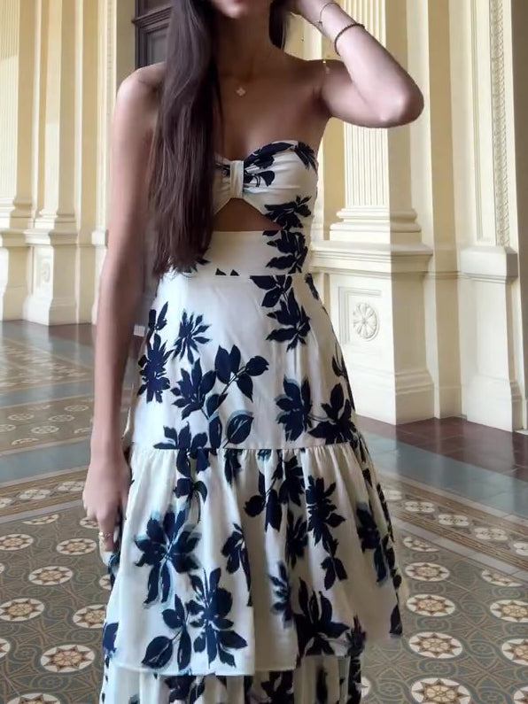 Strapless Printed Ruffle Maxi Dress