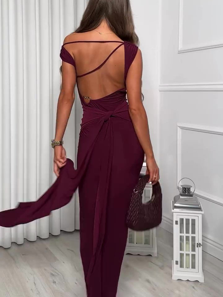 Burgundy Backless Strappy Maxi Dress