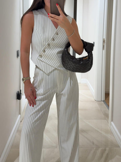 White Striped Asymmetric Cut Double Breasted Collar Vest Pants Set