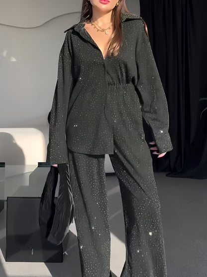 Casual Shiny Long-sleeved Shirt & Elastic Waist Long Pants Set