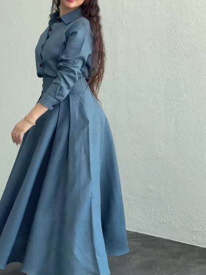 Solid Color Shirt & High Waist Skirt Suit