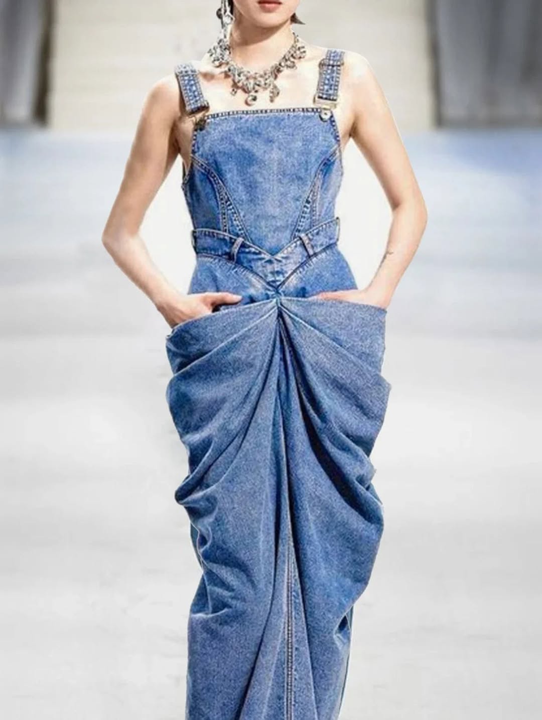 Denim Suspender Pleated Dress