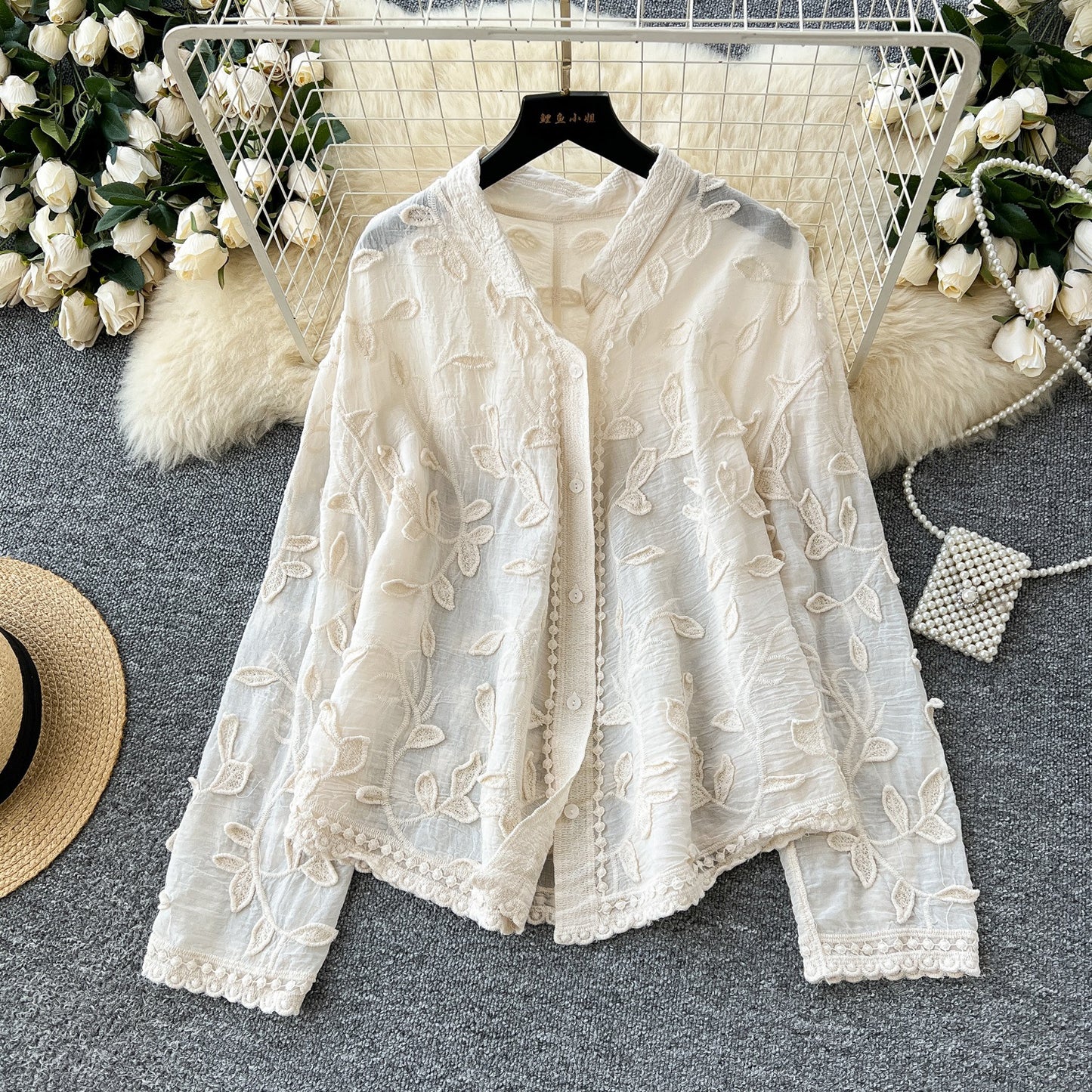 Heavy Industry Leaf Embroidery Cardigan Long Sleeve Top