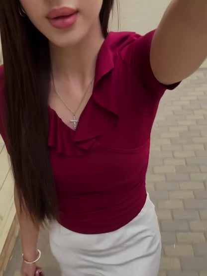 Red V-neck Ruffled Short-sleeved Top