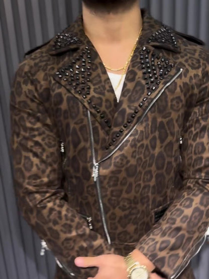 Brown Leopard Print Biker Jacket And Cargo Pants Two-Piece Set