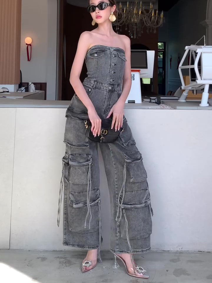 Denim Tube Top Single-breasted Jumpsuit