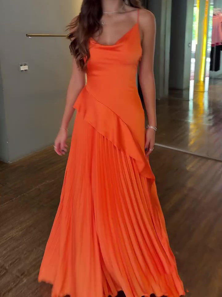 Orange Pleated Ruffled Backless Dress