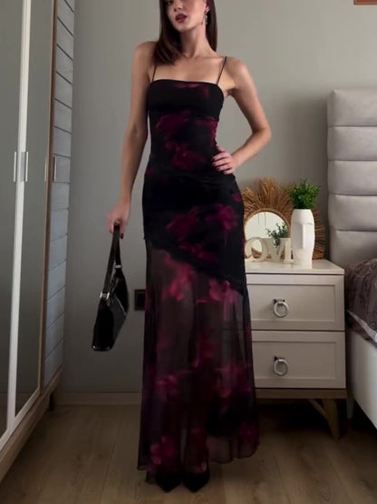 Printed Patchwork Mesh Suspender Dress