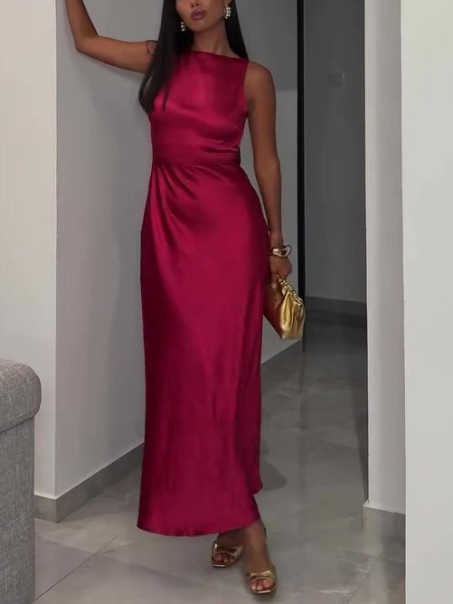 Burgundy Backless Satin Sleeveless Dress