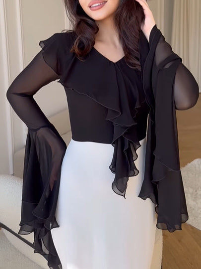 Contrast Ruffled Long-sleeve Dress