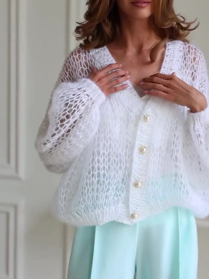 Casual Solid Color Hollow Knit Cardigan