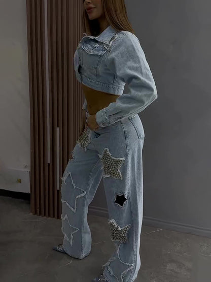 Denim Star Diamond Long Sleeve Jacket Jeans Set