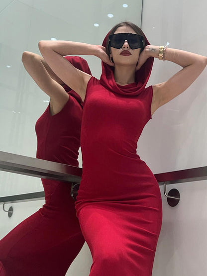 Chic Red Hooded Sleeveless Maxi Dress