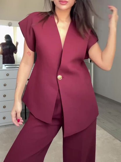 Burgundy Sleeveless Single-button Top & High-waisted Pants Set