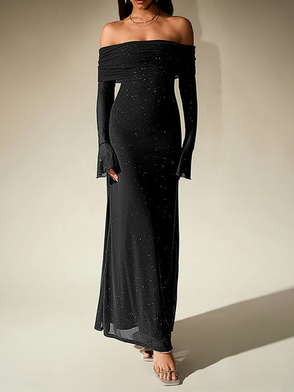 Black Off-Shoulder Maxi Dress With Glitter Detail And Mesh Sleeves