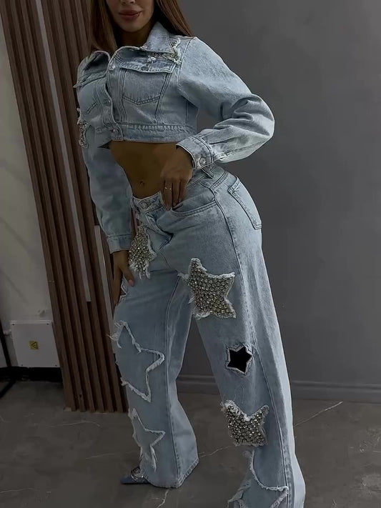 Denim Star Diamond Long Sleeve Jacket Jeans Set