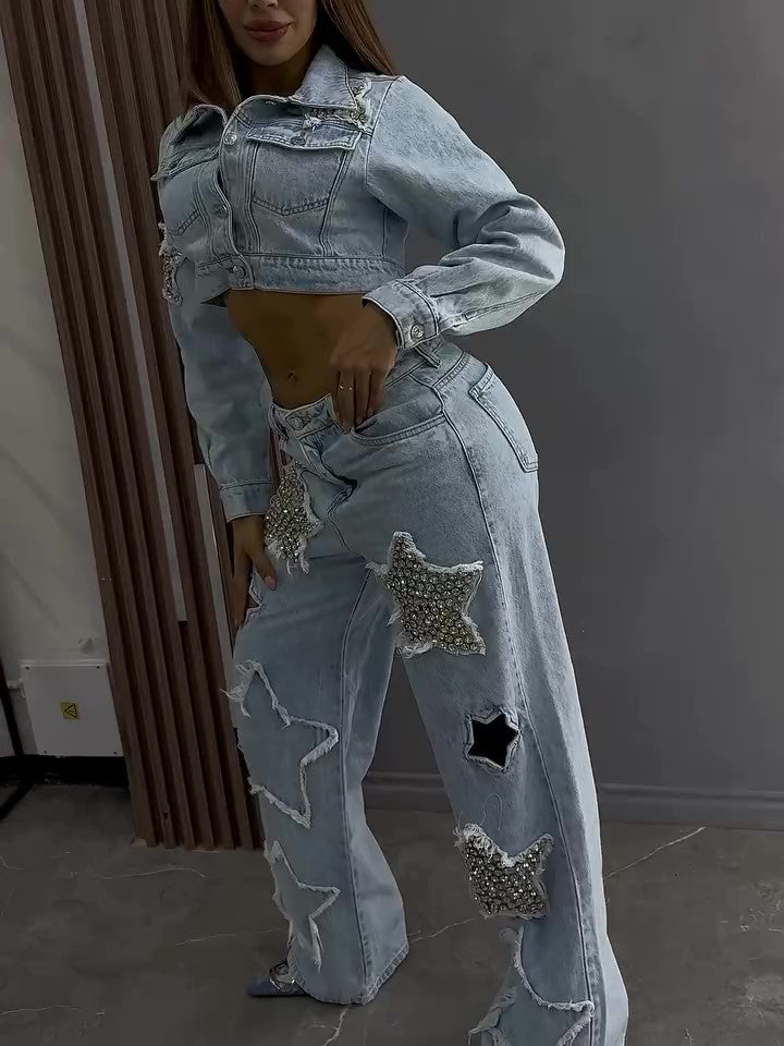 Denim Star Diamond Long Sleeve Jacket Jeans Set