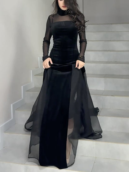 Black Velvet Patchwork Mesh Maxi Dress