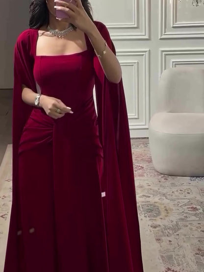 Elegant Burgundy Square - Neck Cape  Maxi Dress