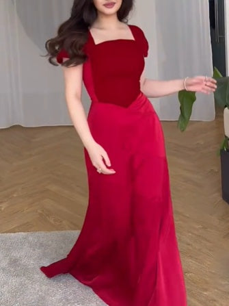 Elegant Square Neck Short Sleeve Maxi Dress