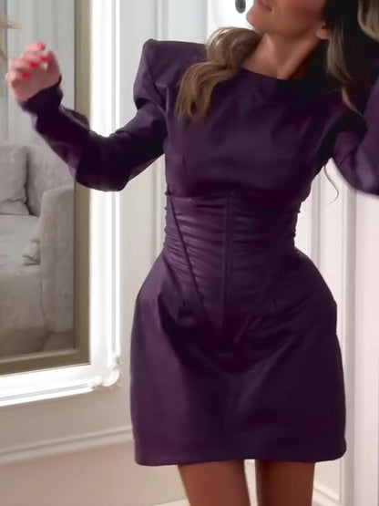 Purple Mini Dress With Structured Shoulders And Corset Waist