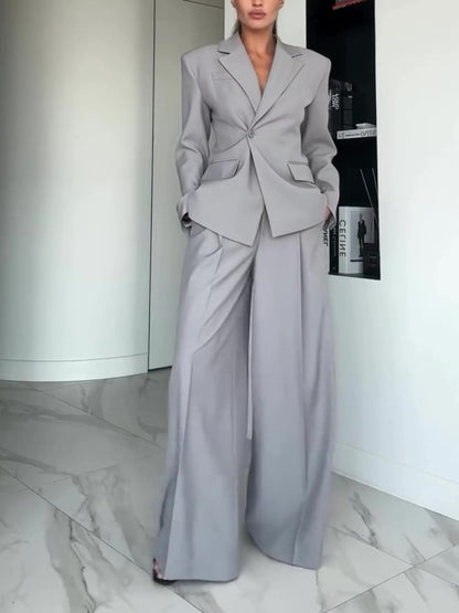 Gray Single-button Blazer & Wide-leg Pants Suit