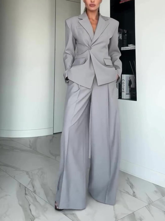 Gray Single-button Blazer & Wide-leg Pants Suit