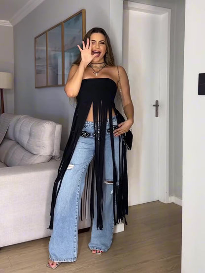 Black Bandeau Fringe Top